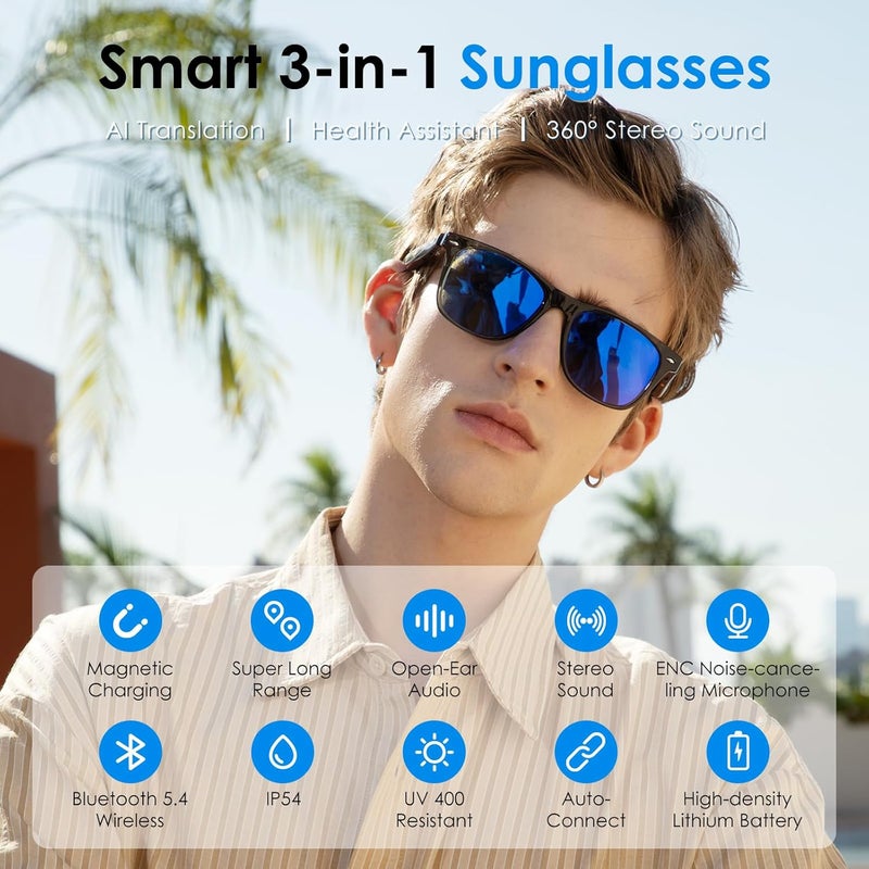 GetD Bluetooth Sunglasses for Men/Women, AI Translator, 11H Battery Life, Polarized Lens, UV Protection, Voice Control, Built-in Mic & Speakers, Smart Eyewear for Gaming Meeting Travel - Image 2